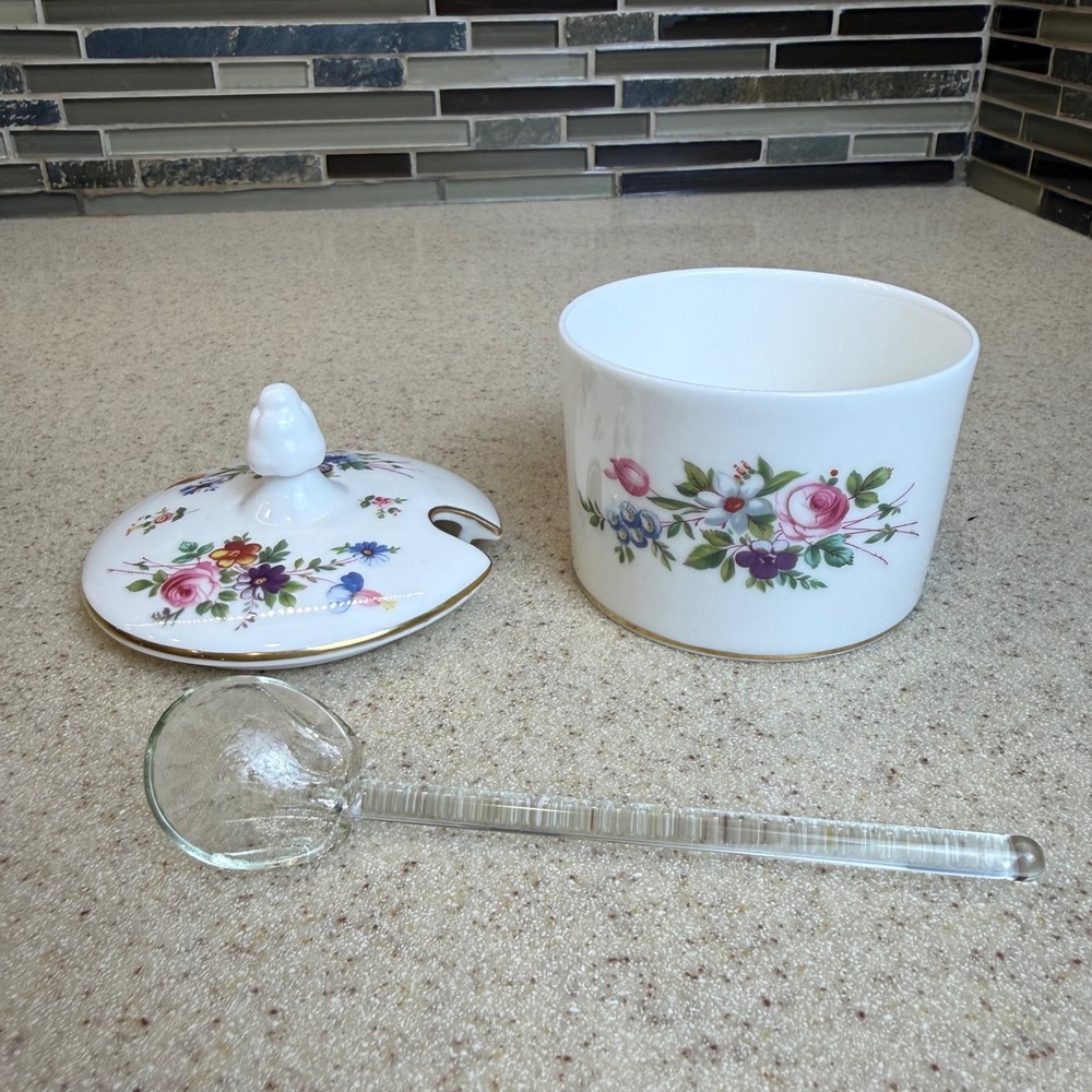 Vintage Minton Marlow Bone China Jam Pot w/ Lid & Glass Spoon Floral England